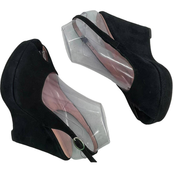 Vintage Davos Gomma Platform Wedge Heels Slingback Peep Toe Black Suede NEW 7.5 - Picture 6 of 11